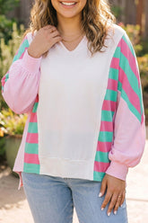 White Striped Colorblock V Neck Shift Long Sleeve Plus Size Blouse