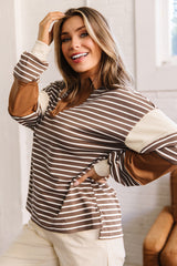 Brown Stripe Collar V Neck Color Block Detail Long Sleeve Pullover Top
