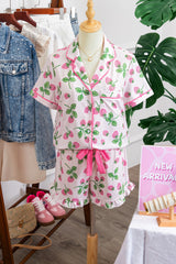 Pink Striped Strawberry Print Lapel Shirt Drawstring Shorts 2pcs Pajama Set