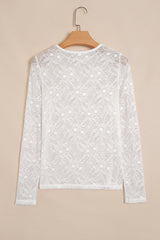 Beige Long Sleeve Sheer Mesh Lace Top