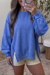 Sky Blue Mineral Wash Split Hem Loose Tunic Sweatshirt