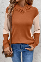 Gold Flame Contrast Color Ribbed Patchwork Crossed Pullover Neck Hoodie