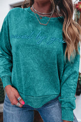 Sea Green saved by grace Letter Embroidery Mineral Wash Loose Sweatshirt