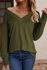 Four Leaf Clover Buttoned Cuffs Drop Shoulder Long Sleeve V Neck Solid Top