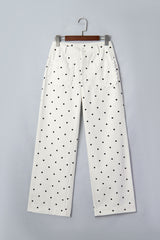 White Polka Dot Print Scalloped Patch Pocket Cotton Shift Pants