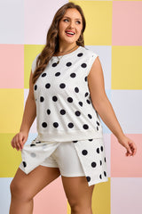 White Plus Size Polka Dot Printed Tank Split Skort 2pcs Outfit