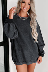 Black Plain Ribbed Round Neck Pullover Sweatshirt