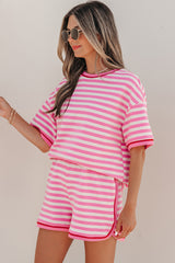 Pink Stripe Contrast Trim Short Sleeve Top Loose Shorts 2pcs Casual Outfit