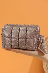 Coffee Solid Color Quilted Nylon Makeup Bag