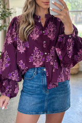 Purple Floral Print Button Front Long Puff Sleeve Shirt
