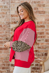 Racing Red Striped Patchwork Sleeve Colorblock Sweatshirt