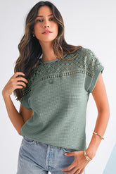 Mist Green Hollow Patchwork Waffle Knit Top