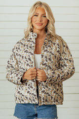 Multicolour Camouflage Quilted Metal Button Collar Long Sleeve Puffer Coat