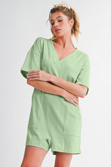 Grass Green Loose Half Sleeve V Neck Plain Romper