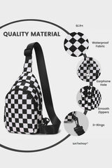Black Checkered Print Zip Front Sling Backpack Crossbody Bag