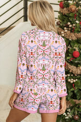 Pink Christmas Holiday Print Nutcracker Long Sleeve Shorts 2pcs Pajama Set