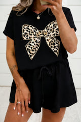 White Contrast Leopard Bow Patched V Neck Loose Tee Drawstring Shorts 2pcs Outfit