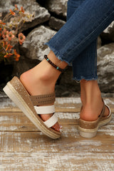 Coffee Hollowed Detail Color Block Straps Platform Wedge Slippers