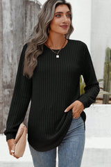 Black Ribbed Texture Round Neck Long Sleeve Rounded Hem Top