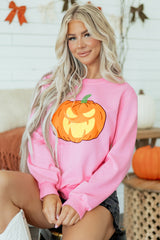 Pink Embroidered Pumpkin Face Long Sleeve Round Neck Sweatshirt