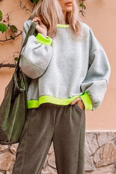 Light Grey Contrast Color Banding Patchwork Puff Sleeve Loose Sweatshirt