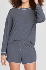 Blue Stripe Drop Shoulder Round Neck Long Sleeve Tee and Buttoned Shorts 2pcs Lounge Set