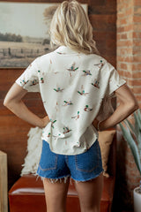 White Mallard Printed Button Flap Pocket Short Sleeve Shirt