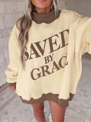 Beige Saved By Grace Print Color Block Mock Neck Oversized Sweatshirt