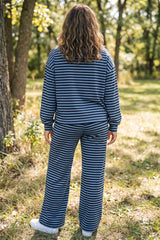 Blue Stripe Long Sleeve Drawstring Waist Plus Size Lounge Pants Set