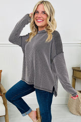 Black Twisted Rib Exposed Seam Detail Long Sleeve Loose Top