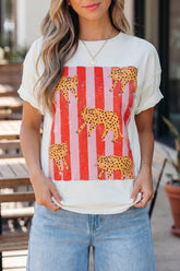 White Cheetah Striped Print Retro Fashion Graphic Tee