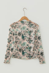 Green Western Style Floral Print Long Sleeve Mesh Top