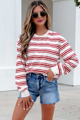 Red Stripe Dropped Shoulder Long Sleeve Casual Pullover Top