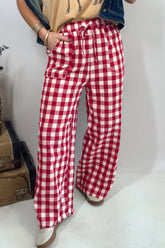 Red Gingham Plaid Tie Elastic Waist Shift Pants