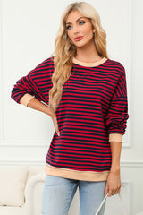 Red Stripe Contrast Ribbed Trim Crossed Stitch Drop Shoulder Sweatshirt