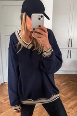 Navy Blue Varsity Contrast Trim V Neck Sweatshirt