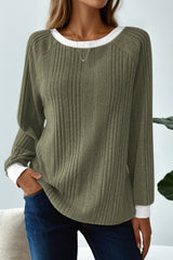 Moss Green Rib Texture Contrast Trim Round Neck Long Sleeve Top