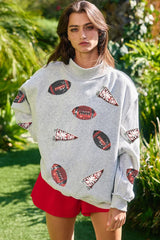 Light Grey Sequin Rugby Game Day High Neck Baggy Sweatshirt