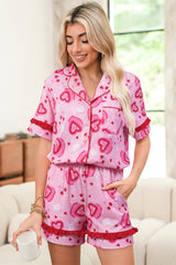 Pink Sweet Heart Cake Print Contrast Ruffle Trim Valentines 2pcs Pajama Set