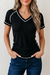 Black Waffle Textured Contrast Trim V Neck Tee