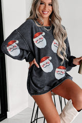 Gray Christmas Santa Claus Sequins Patch Corded Graphic Sweatshirt