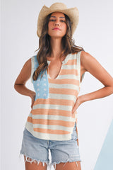 Beige USA Flag Notched Neckline Loose Knit Vest