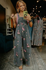Gray Beau Floral Print Pleated High Waist Wide Leg Denim Jumpsuit