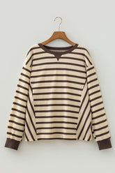 Brown Stripe Patchwork Ribbed Cuff Casual Pullover Sweatshirt