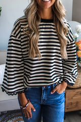 Black Striped Round Neck Contrast Trim Bell Sleeve Top