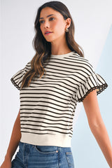 Black Stripe Scallop Lace Trim Ruffle Sleeves Crewneck Top