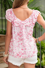 Pink Floral Ruffle Short Sleeve Bow Back Blouse