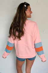 Pink Colorblock Striped Patchwork Raw Detail Long Sleeve Top
