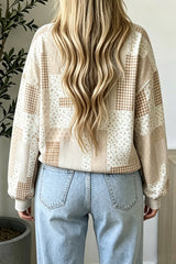 Khaki Patchwork Floral Print Mock Neck Long Sleeve Sweatshirt