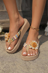 Parchment Vacation Floral Decor Straw Woven Textured Wedge Platform Slippers